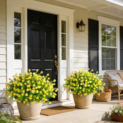Ouddy Decor 24 Bundles Artificial Flowers for Outdoors Decoration Fake Flowers UV Resistant Faux Plastic Greenery Eucalyptus Plants for Spring Summer Garden Patio Indoor Outdoor Home Decor, Yellow - color: Yellow