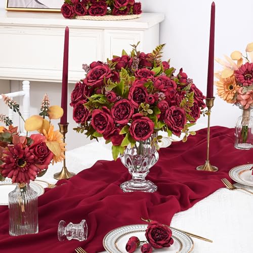 MARTINE MALL 4 Packs Peonies Artificial Flowers, Burgundy Artificial Peonies, Silk Peonies Flowers Fake Peonies Artificial Flowers Peonies Bouquet for Halloween Centerpiece Table Wedding Home Decor - color: Red, size: 4PCS