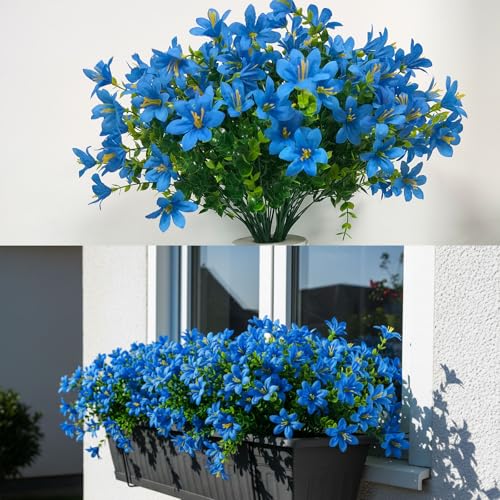 8pcs Artificial Flowers Lily, Silk Faux Fake Flower Plants for Wedding Bouquet Home Party Indoor/Outdoor Table Hotel Office Vases Floral Arrangements Decor, Blue - color: Blue