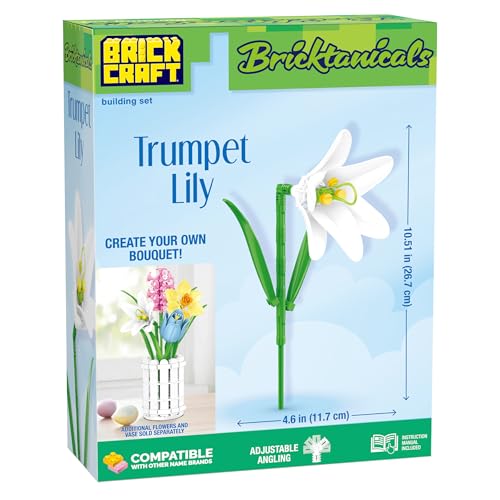 Brickcraft Bricktanicals White Trumpet Lily Brick Building Set, 41 Piece Ages 8+, Collectible Brick Flower Build, Compatible with Brick Flower Vases, Spring Gift for Kids - style: Trumpet Lily Spring