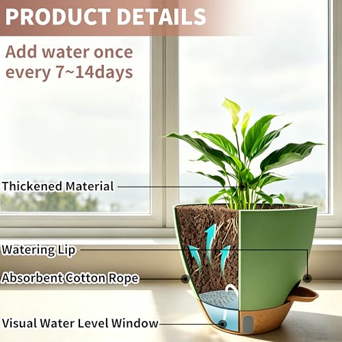 12"/10"/9"/8" Self Watering Pots with Visual Water Window,Extra Large Self Watering Plant Pots with Drainage Holes & Saucers,Green Planters for Indoor Plants,4-Pack - color: Green