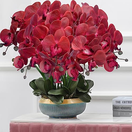 FagusHome 32" Artificial Phalaenopsis Flowers 4 Pcs with 2 Bundles Leaves Artificial Orchid Flowers Stem Plants Fake Butterfly Phalaenopsis Flowers for Home Wedding Party Décor (Red) - color: Red