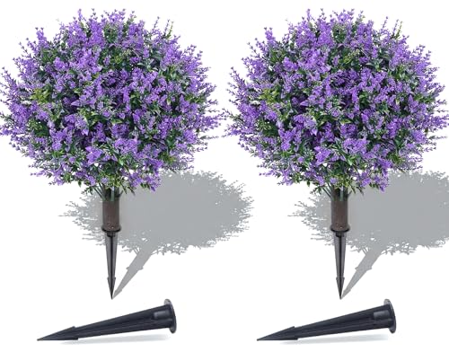 PATIO CHOICE Artificial Topiary Boxwood Ball Trees with Lavender Set of 2 22" Artificial Faux Plants Realistic Bushes Fake Shrubs Decorations for Outdoor Indoor Front Porch Garden - color: Lavender, size: 22in