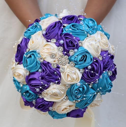 Ujicde Romantic Wedding Bouquet Bridal Bridesmaid Round Bling Brooch Bouquet Throw Toss Artificial Rose Flower Bunch with Sparkle Rhinestone Crystal Decoration(Blue Purple+Cream,Dia. 6.3"*16cm) - color: Blue Purple+cream, size: Dia. 6.3"*16cm