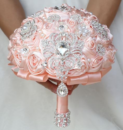 Bridal Wedding Bouquet Round Bling Brooch Bouquet Artificial Rose Flower Bunch for Bride Bridesmaid Wedding Quinceanera(Light Salmon Pink, 8.7") - color: Light Salmon Pink, size: Medium (Dia. 8.7"/22cm)