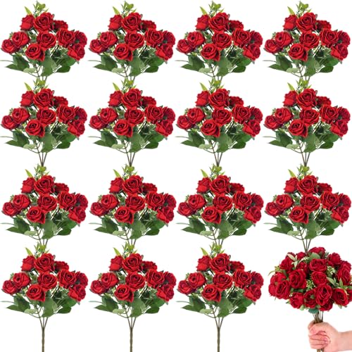 Zeyune 16 Bunches 12 Inch Red Artificial Mini Rose Bouquet, Total 160 Heads Fake Silk Rose Flowers Bulk, Bridal Bouquet for Wedding, Bridal Shower, Home & Office Table Decor - color: Red