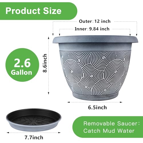 Fodetyff 12 Inch Large Planter Pot for Plants Indoor Outdoor, 4 Pack Plastic Flower Pots with Drainage Hole & Tray, Modern Decorative Garden Pot with Saucer, Plant Container for House - color: Blue, size: 12 inch-4 pack