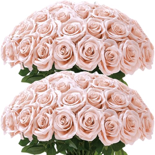 50Pcs Blush Roses Artificial Flowers Artificial Silk Roses Bulk,Fake Roses Flower with Stems Realistic Flowers for Wedding Centerpiece Home Party Decor - color: Blush