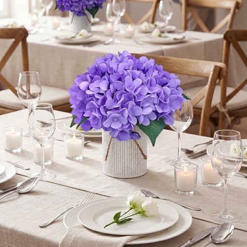 Flower Table Centerpieces - Set of 6 Floral Arrangement Artificial Wedding Hydrangeas Floral Arrangement with Rustic Metal Vase for Bridal Tea Party Event Decorations - Deep Purple - color: Deep Purple