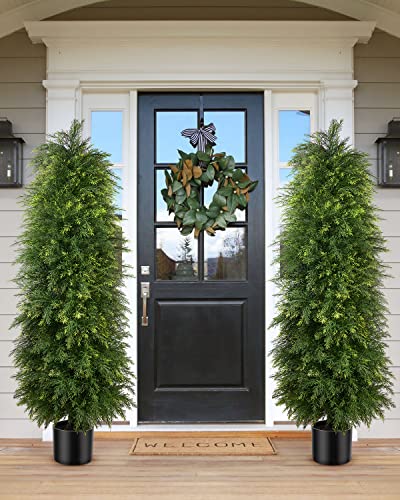 2 Pack 5ft Artificial Cedar Topiary Trees, Outdoor Artificial Plants for Front Porch Décor, Artificial Shrubs Fake Plants Uv Rated Potted Plants for Outdoor, Indoor, Front Door, Office - size: 5Ft