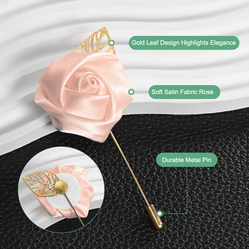 M METERXITY 48-Pack Flower Lapel Pins for Men, Golden Leaf Rose Boutonnieres Pin Groom Boutonnieres for Wedding/Dance/Party, Men Lapel Pins for Suits Satin Flower Corsage [Snow Pink] - color: Snow Pink