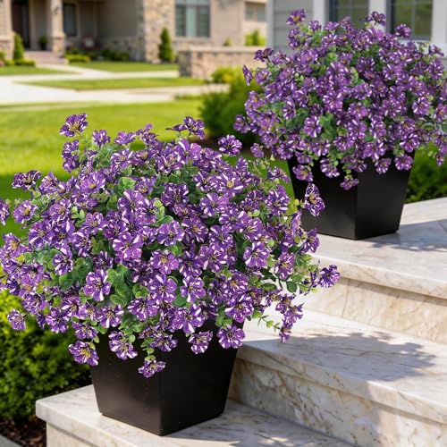 GLIDLION 12 Bundles Artificial Morning Glory & Eucalyptus for Outdoor, Realistic Fake Silk Flower UV Resistant Faux Plant for Front Door Patio Garden Farmhouse Decor (Purple) - color: Purple
