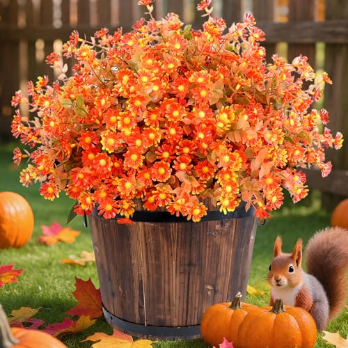 12 Bundles Artificial Fake Mums for Outdoors No Fade Fake Plants, UV Resistant Faux Plastic Fall Flowers for Home Planters Porch Garden Patio Window Box Yard Autumn Decor(Fall Red) - color: Orange, size: 12 Bundles