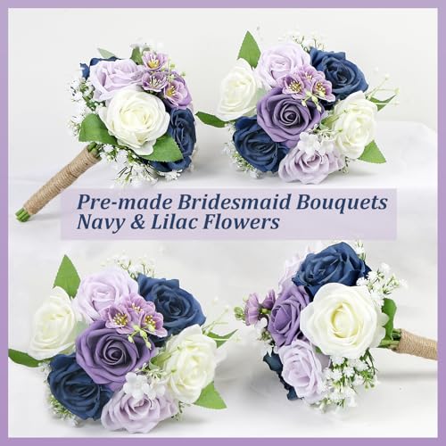 Wedding Bridesmaid Bouquets Set of 6-7 Inch Artificial Bridesmaid Bouquet Rustic Silk Flowers Pre-Made Small Floral Centerpieces for Marriage Proposal Party Anniversary - Navy Blue & Lilac - color: Navy Blue and Lilac, size: Set of 6 Bridesmaid Bouquets