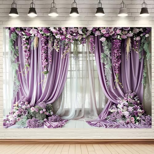 Purple Flower Wall Background Photography Purple Curtains Lavender Butterfly Backdrop for Girls Birthday Bridal Party Decorations Portrait Photo Studio Booth Props