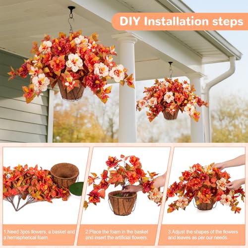Artificial Fake Fall Hanging Flowers with Basket for Outdoors Decoration 3PCS Faux Fall Flowers for Outdoor Planters UV Resistant No Fade Silk Hibiscus for Home Porch Patio Garden Balcony Yard Decor - color: Hibiscus Zd-red Orange White Basket