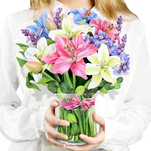 Airpark Pop Up Flower Cards, 3D Paper Flowers Bouquet Birthday Card 12’‘ with Blank Note and Envelope, Mother's Day, Get Well Greeting, Anniversary, Thank You, Easter Gifts Cards for Women Mom, Lillie - style: Lillies & Lupines