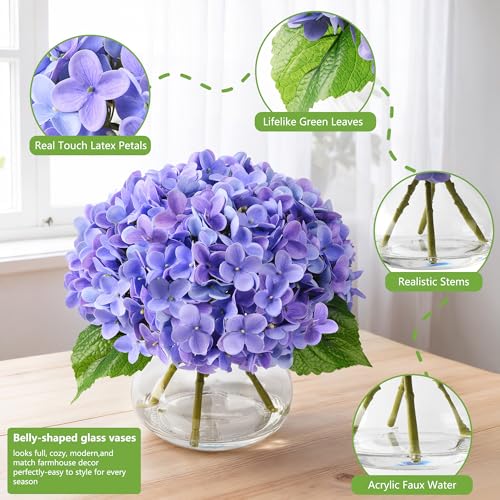 Real Touch Faux Hydrangea Flowers in Glass Vase, No Watering Needed Silk Hydrangea Artificial Flowers for Farmhouse Wedding Decor Dining Table Centerpiece Bedroom Decor (Purple) - color: Purple