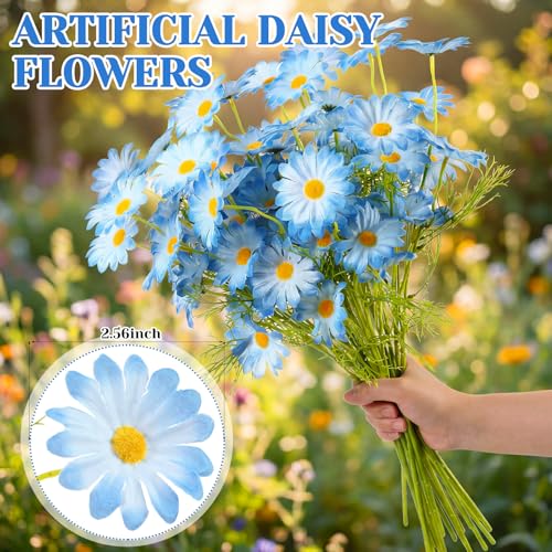 Giegxin 100 Pcs Artificial Daisy Flowers Bulk Realistic Fake Daisies Faux Wildflower Daisy UV Resistant Silk Fake Flowers Plants for Outside Wedding Garden Home Table Decor (Blue) - color: Blue