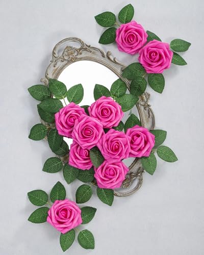 DuHouse 25Pcs Artificial Roses Flowers Fake Roses with Stems Real Touch Foam Flowers for DIY Wedding Bouquet Centerpiece Floral Arrangement Party Home Decor (Hot Pink) - color: Hot Pink, size: 25pcs