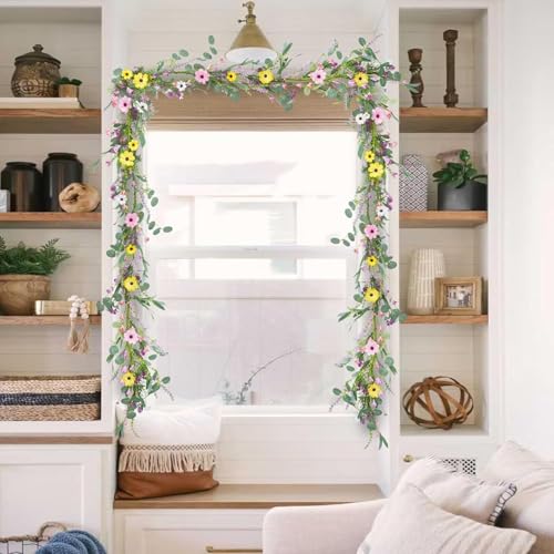 6.5FT Wildflower Daisy Garland Flower Garland with Daisy Lavender Faux Floral Vine Summer Spring Garland for Mantle Baby Shower Wedding Arch Front Door Porch Staircase Summer Spring Decor (1 Pcs)