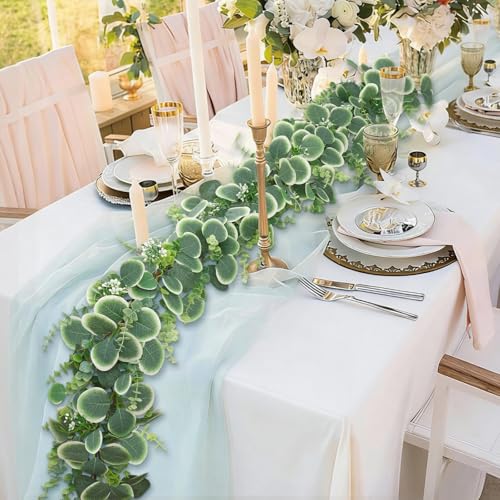 Betylifoy Artificial Eucalyptus Garlands, 6FT Fake Greenery Garland with White Flowers Faux Silver Dollar Eucalyptus Leaves Hanging Vines for Wedding Party Centerpiece Table Runner Home Mantle Decor - size: 1pcs
