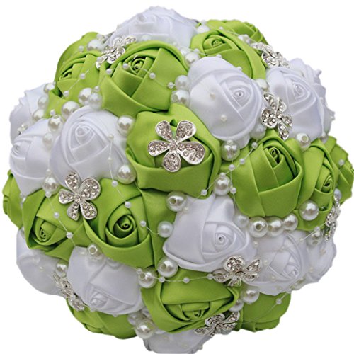 S_SSOY Wedding Bouquet Bride Bridal Brooch Bouquets Bridesmaid Bouquet Diamond Pearl Ribbon Valentine's Day Confession Party Church with Free Corsage Flower, Green+White - color: Green+white