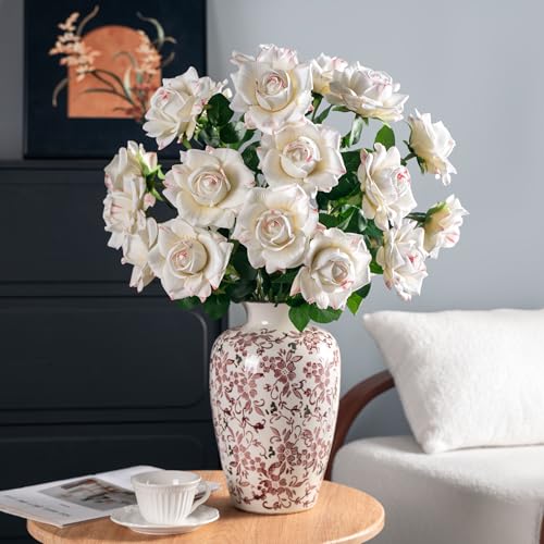 Artificial Flowers Artificial Roses Fake Roses 23.2In Long Stem Artificial Flowers for Tall Vase Silk Rose Suitable for Wedding Decor Valentine's Day DIY Bouquet Spring,Pattern White,20PCS - color: Pattern White
