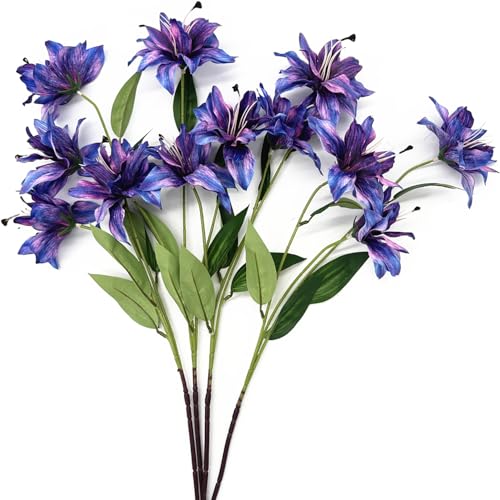 Artificial Lily Flowers Fake Silk Flower Plastic Long Stems Faux Bloom Stargazer Lilies Plant for Wedding Bouquet Party Garden Hotel Home Decor Vase Floral Arrangements DIY Decoration - Purple 4 Pack - color: Silk Flowers / Purple / 4 Pack