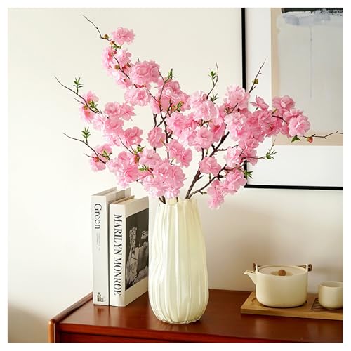 3Pcs Pink Artificial Cherry Blossom Branches - Silk Faux Peach Flowers Stems with Leaves Fake Plants Bouquet for Vase Home Wedding Outdoor Spring Garden Decoration (Pink) - color: Pink