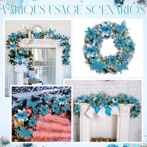 Thiccywoov 122 Pcs Christmas Glitter Poinsettia Artificial Flowers Berry Picks Butterfly Christmas Tree Ornaments 3 Styles Poinsettia kit with Clip for Xmas Wreath Home Tree Decor (Lake Blue) - color: Lake Blue