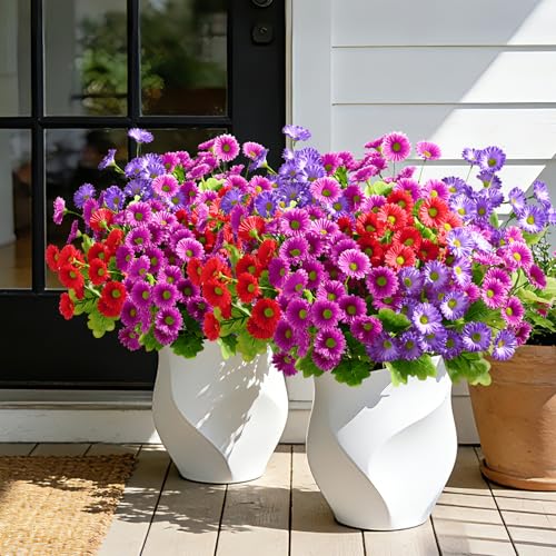 Waipfaru Artificial Flowers for Outdoors Faux Plants, UV Resistant Artificial Outdoor Flowers, Silk Daisy Realistic Fake Mums Flower for Front Porch Spring Home Planter Patio Decor, 12 Bundles, Mix - color: Red, Purple, Fuchsia, size: 12 PCS