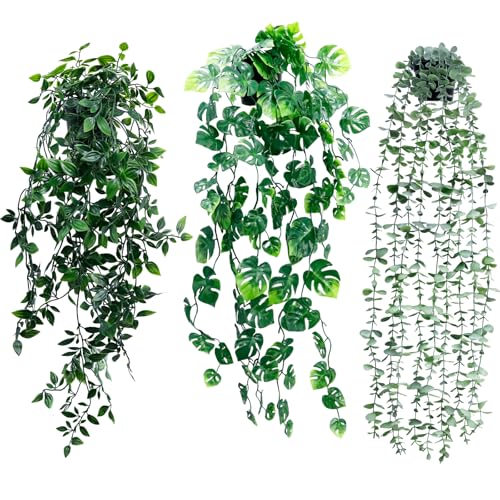 Artificial Hanging Plants for Shelf, 3-Pack Fake Potted Greenery Faux Mandala Monstera and Eucalyptus Vines in Black Pot, Décor for Office Living Room Bathroom Indoor Outdoor - color: 3-pack Mandala Monstera Eucalyptus Vines
