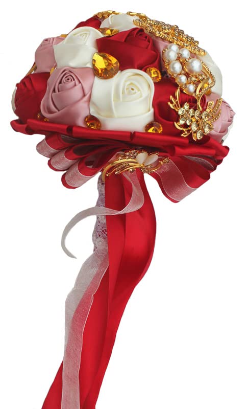 Handmade Wedding Bouquets for Bride Bridesmaid Brooch Artificial Holding Flower Tossing Bouquet（Ivory/WineRed/dust Pink,18cm,1PC - color: Ivory/Winered/Dust Pink, size: 18CM/7.1''