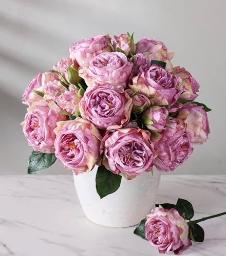 florisso Purple Austin Rose Faux Flowers - 13 Branches Faux Austin Roses for Wedding Centerpieces, Home Decor & Party Accents (Artificial Roses) - color: Austin-purple