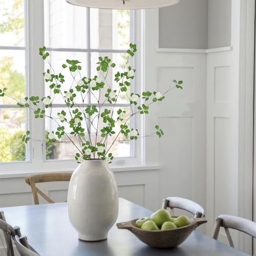 3 Pcs Artificial Greenery Stems Plants with White Roses Flowers 29.5" Faux Branches for Vase Filler Fake Ficus Twig Plants for Home Office Party Wedding Shop Spring Summer Fall Decoration