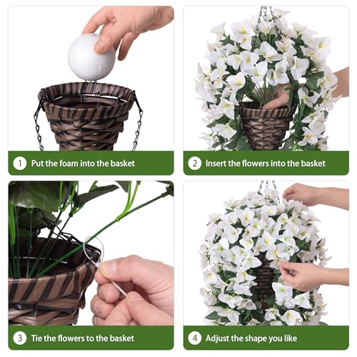Ivydale Bougainvillea Artificial Hanging Fake Flowers with Basket for Outdoors Decoration, Faux Silk Flowers UV Resistant Fake Plants Long Vines Realistic for Outside Front Door Porch Patio, White - color: White