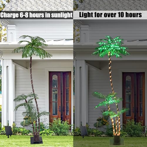 SOSHOT 6FT Solar Lighted Palm Trees for Outside Patio Light Up 260 LED Artificial Fake Tree Lights for Pool Bar Tropical Party Deck Outdoor Decorations - style: 6FT Solar