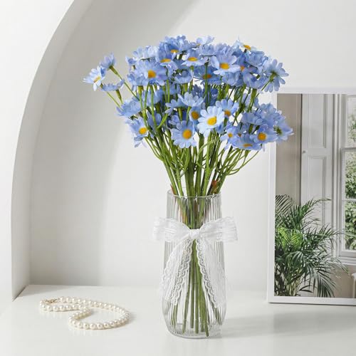12 Stems Artificial Daisy Flowers 10'' Small Blue Silk Fake Daisies Faux Silk Daisy Flowers with Stems for Home Garden Wedding Party Table Centerpiece Decor(2 Bouquets)