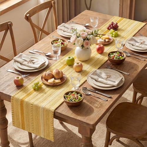 Artoid Mode Yellow Farmhouse Woven Table Runner, Seasonal Holiday Rustic Kitchen Dining Table Decoration for Home Party Decor 12x72 Inch - color: Yellow, size: 12" x 72", Table Runner