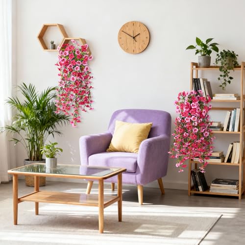 Artificial Hanging Flowers Plants for Outdoor Spring Summer Decoration, 2PCS Faux Silk Morning glory UV Resistant Look Real for Outside Home Indoor Planter Porch Garden Yard Decor(Rose Red Pink) - color: Rose Red Pink