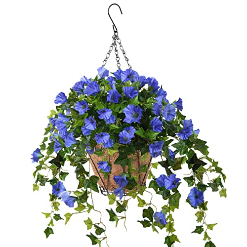 Homsunny Artificial Vine Silk Petunia Flowers, Fake Hanging Plant in Basket, Coconut Lining Pot Porch Decoration for Patio Lawn Garden Spring Summer Decor(Blue) - color: Blue
