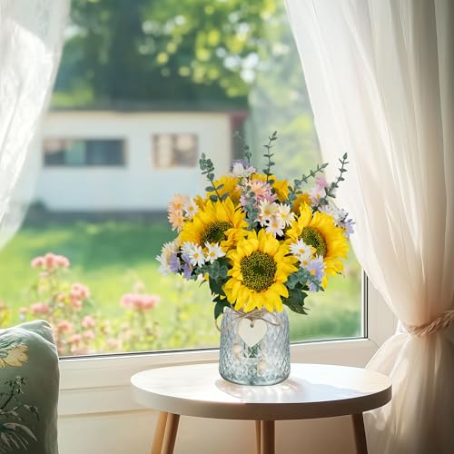 BLOSMON Sunflower Fake Flowers in Vase: Sunflowers Artificial Flowers with Vase for Table Centerpieces Decor - Silk Flower Bouquet Faux Arrangements Kitchen Bathroom Wedding Party Decoration
