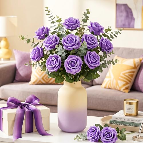 Auihiay 14PCS Purple Artificial Roses, Realistic Silk Fake Roses Flowers with Long Stem for Mother's Day, Wedding Centerpieces, Spring Home Decoration & Party DIY Floral Arrangements - color: Purple