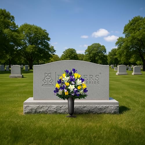 Sympathy Silks Artificial Cemetery Flowers - Grave Decoration - Yellow Tulips and Purple Iris (1) Bouquet (1) Vase - color: Yellow/Purple, size: (1) Bouquet (1) Vase