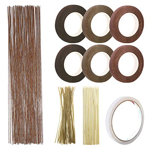 Floral Arrangement Tool Kit, Woohome Floral Kit with 2 Style Floral Tapes, 26 Gauge Stem Wire, Brown Cable Tie and Bamboo Stick for Floral Design Lovers