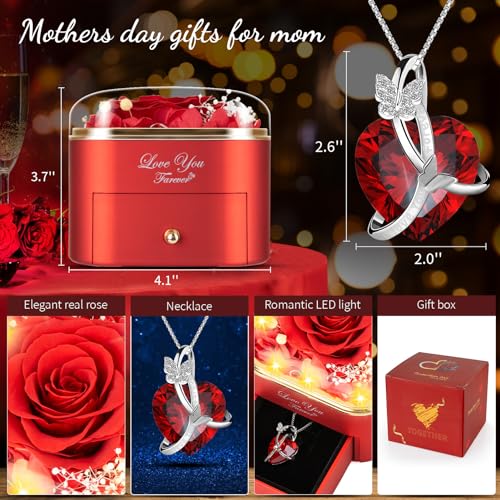 ENERLEAF Preserved Red Real Rose with Necklace Jewelry Box -Eternal Flowers Rose Gifts for Grandma Wife Girlfriend on Valentines Mothers Day Christmas Birthday Anniversary Romantic Gifts for Her - color: Red