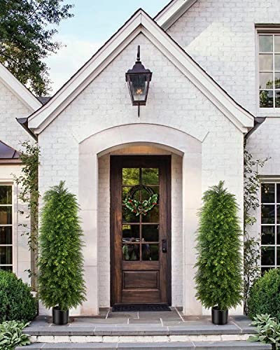 2 Pack 5ft Artificial Cedar Topiary Trees, Outdoor Artificial Plants for Front Porch Décor, Artificial Shrubs Fake Plants Uv Rated Potted Plants for Outdoor, Indoor, Front Door, Office - size: 5Ft