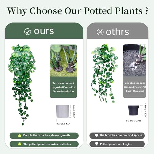 Artificial Hanging Plants for Shelf, 2-Pack Fake Potted Greenery Faux Monstera Leaves Vines in Black Pot, Décor for Office Living Room Bathroom Indoor Outdoor - color: 2-pack Monstera Leaves Vines
