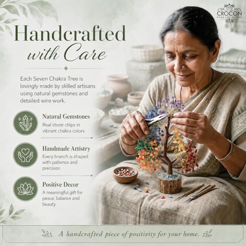 Crocon® 7 Chakra Crystal Tree of Life, Healing Crystals Tree 10-12 Inch, Birthday Gift for Women, Feng Shui, Money Trees, Positive Energy, Good Luck, Home Office Decor, Spiritual Gifts for Women - color: 001 Seven Chakra (Golden Wire)